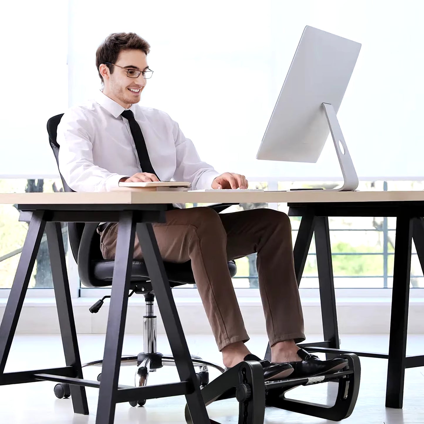 Scalebeard under Desk Footrest with Massage Surface Ergonomic 6 Height Position Adjustable Foot Stool with Firm Non-Slip Legs