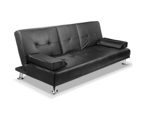 Artiss 3 Seater PU Leather Sofa Bed - Black
