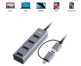 20Cm 4-Port USB 3.0 Hub W/ 2-In-1 USB 3.0 & USB-C Converter - Silver